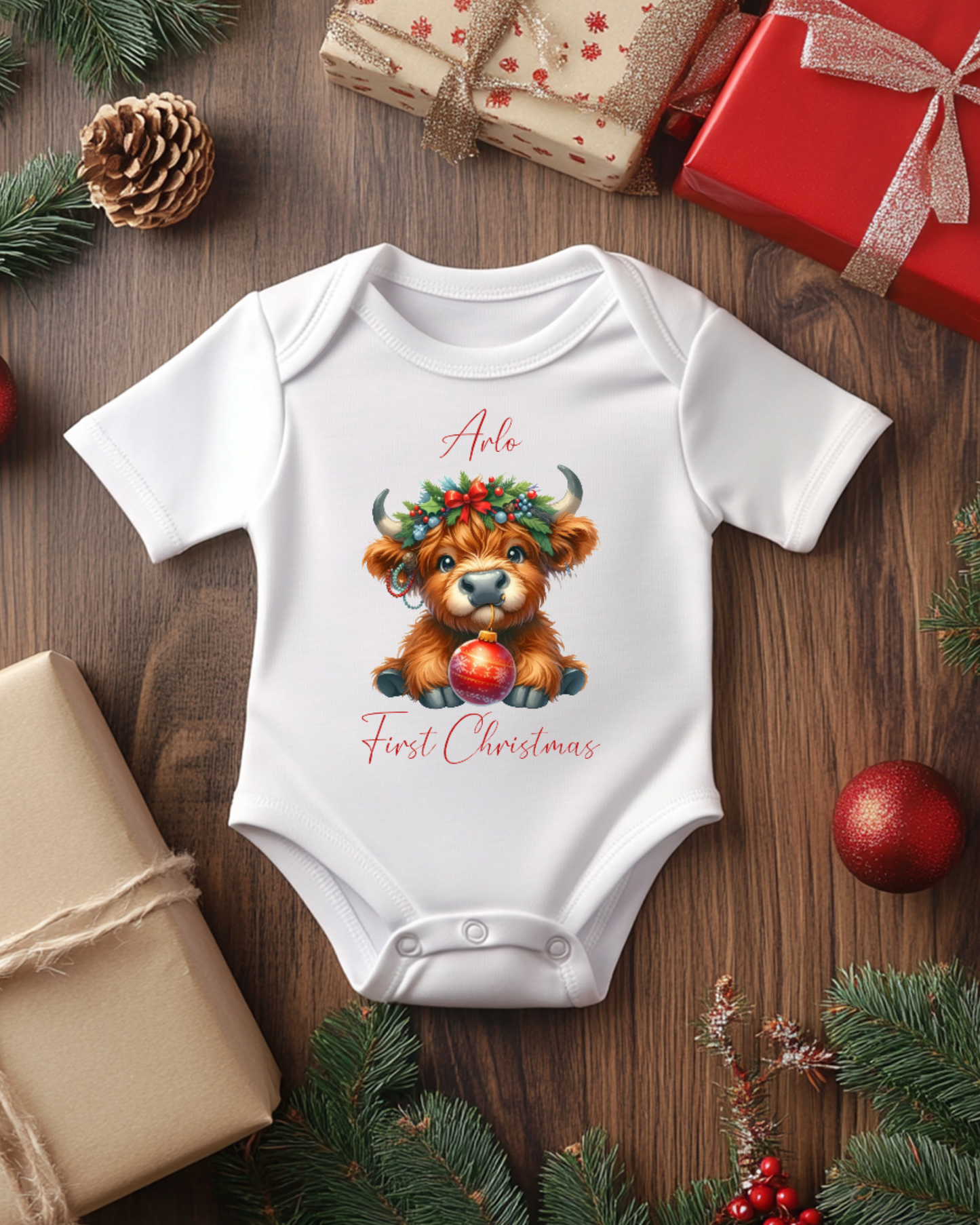 Personalised Highland Cow First Christmas Baby Bodysuit