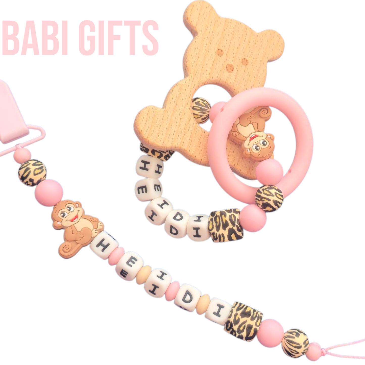 Monkey Jungle Dummy Clip & Teether – Leopard & Pink Gift
