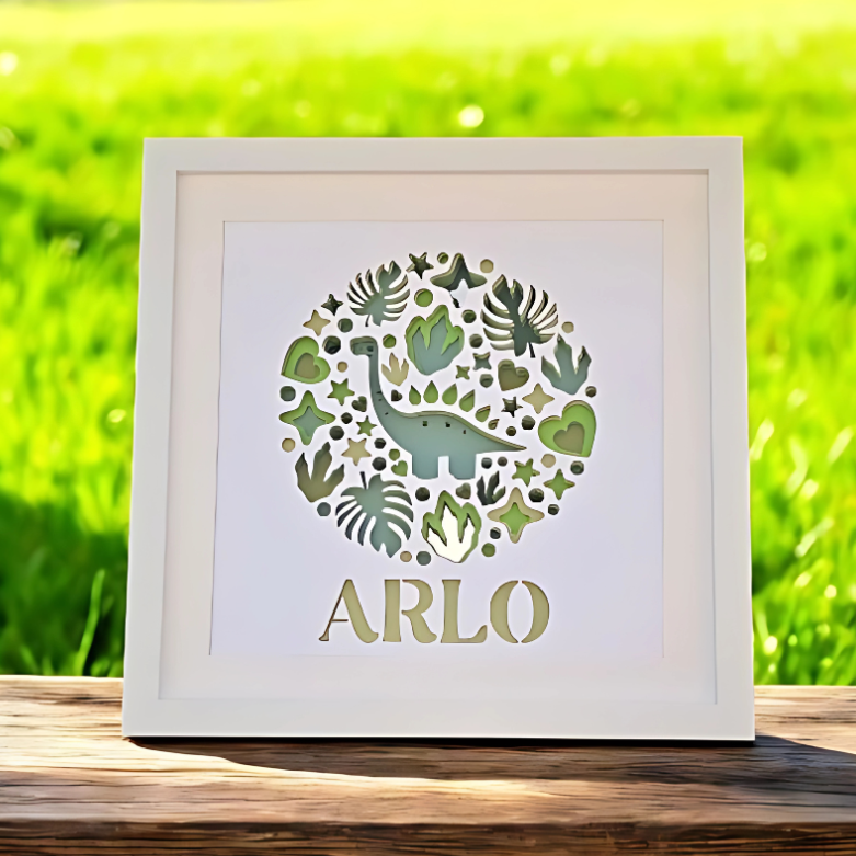 Personalised Dinosaur Nursery Frame – Available in Pink, Blue, Natural or Green