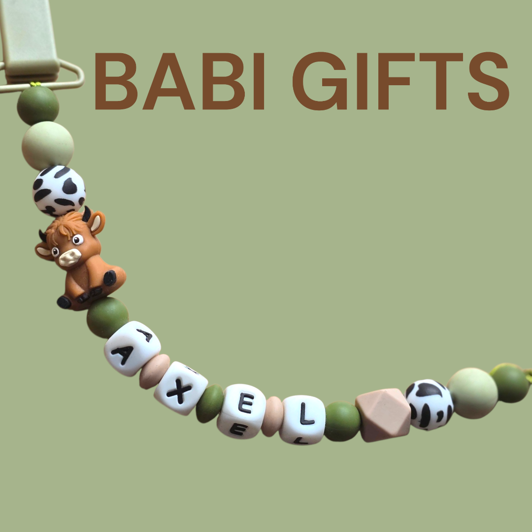 Highland Cow Dummy Clip and Teether Set – Green & Natural Baby Gift