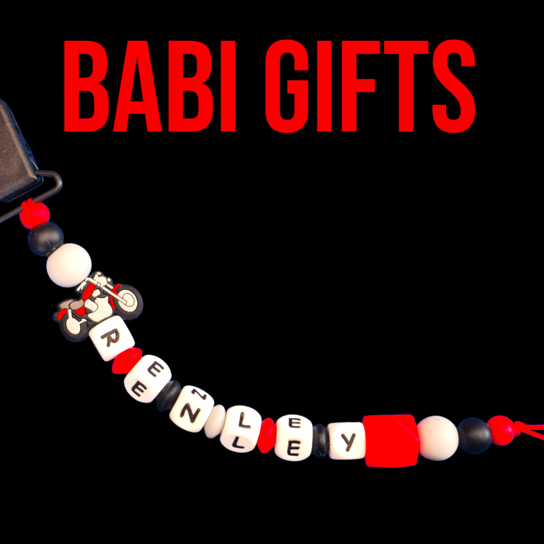Motorbike Dummy Clip & Rattle Set – Personalised Gift