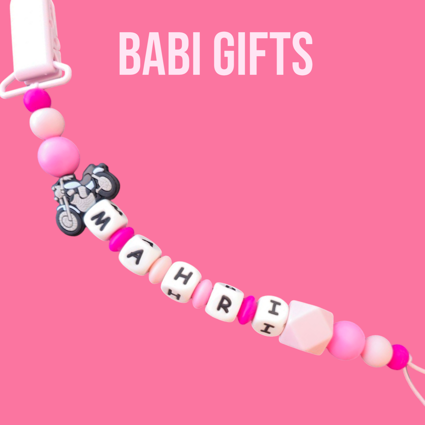 Motorbike Dummy Clip – Pink Personalised Teether Set