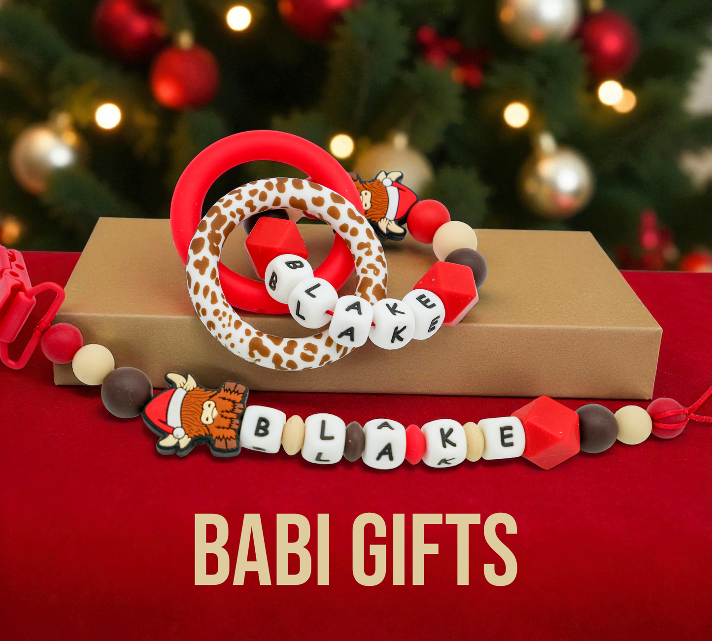 Christmas Highland Cow Dummy Clip and Teether Set – Personalised Baby Gift