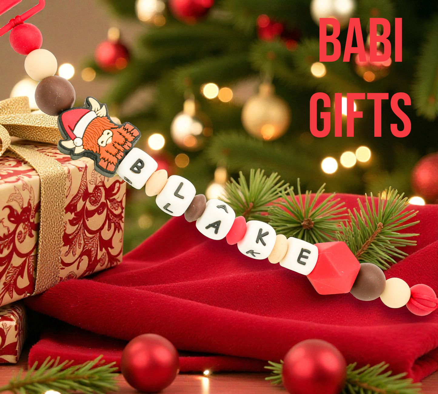 Christmas Highland Cow Dummy Clip and Teether Set – Personalised Baby Gift