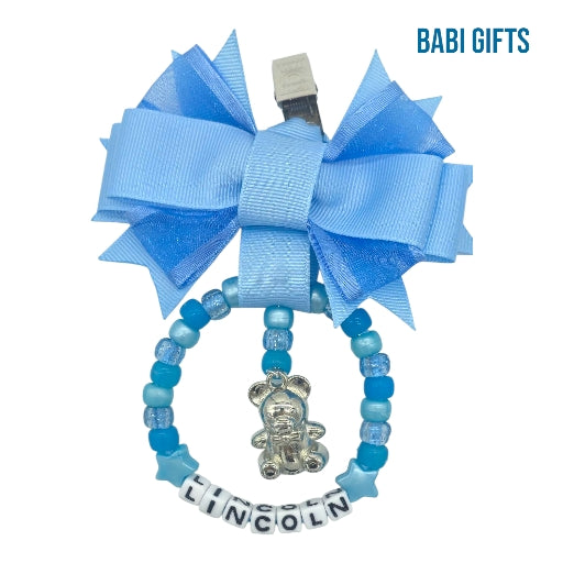 Blue Pram Charm – Silver Bear & Personalised Name Beads