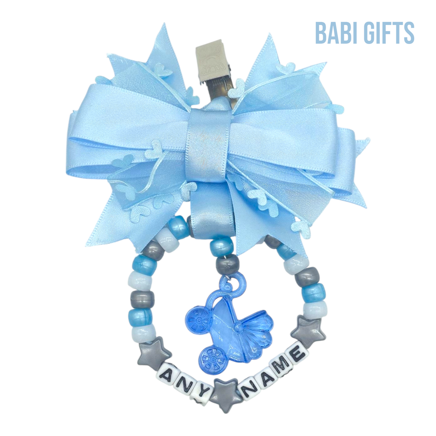 Blue Pram Charm – Personalised with Heart & Bow Beads
