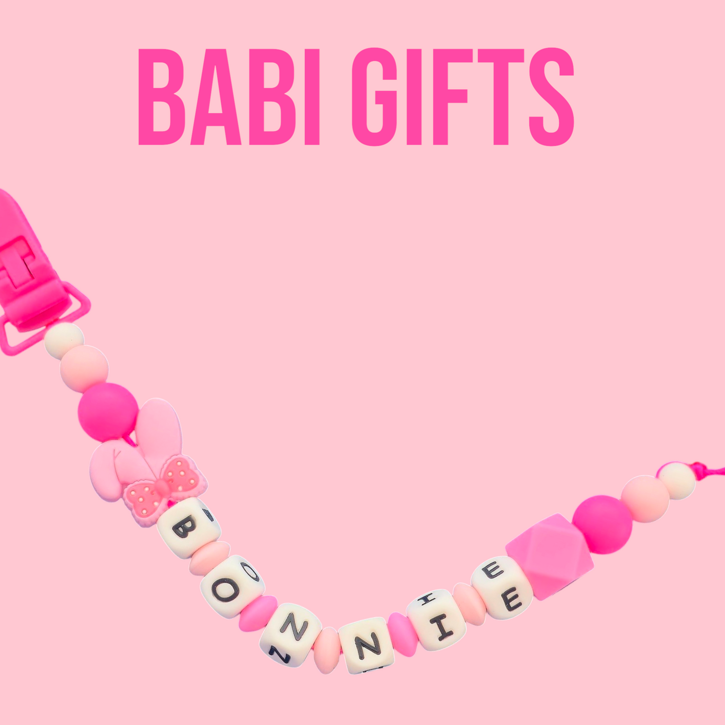 Pink Bunny Dummy Clip & Teething Ring Set – Personalised