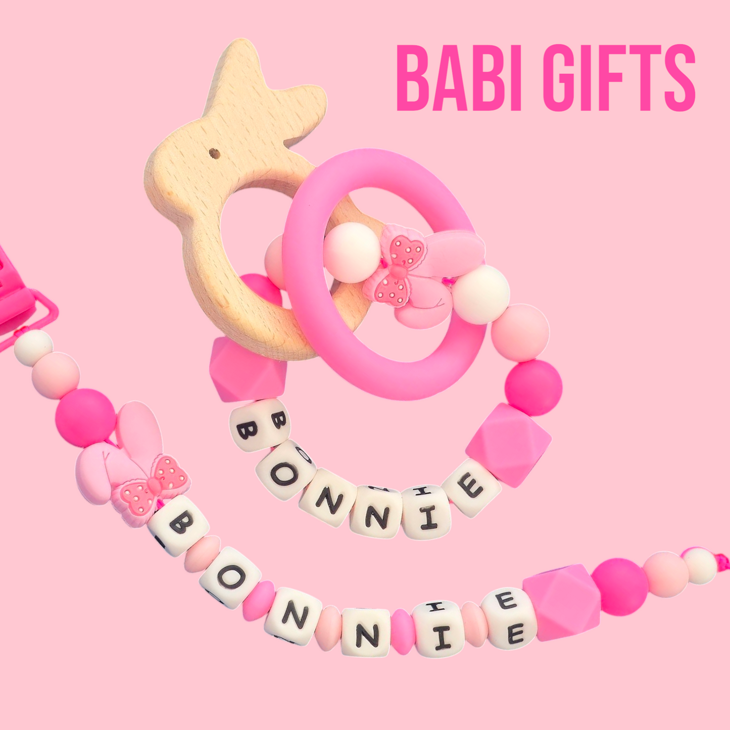 Pink Bunny Dummy Clip & Teething Ring Set – Personalised