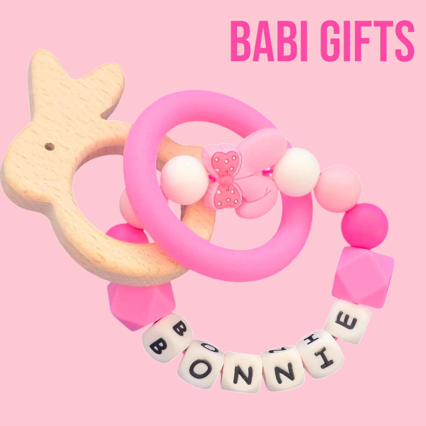 Pink Bunny Dummy Clip & Teething Ring Set – Personalised