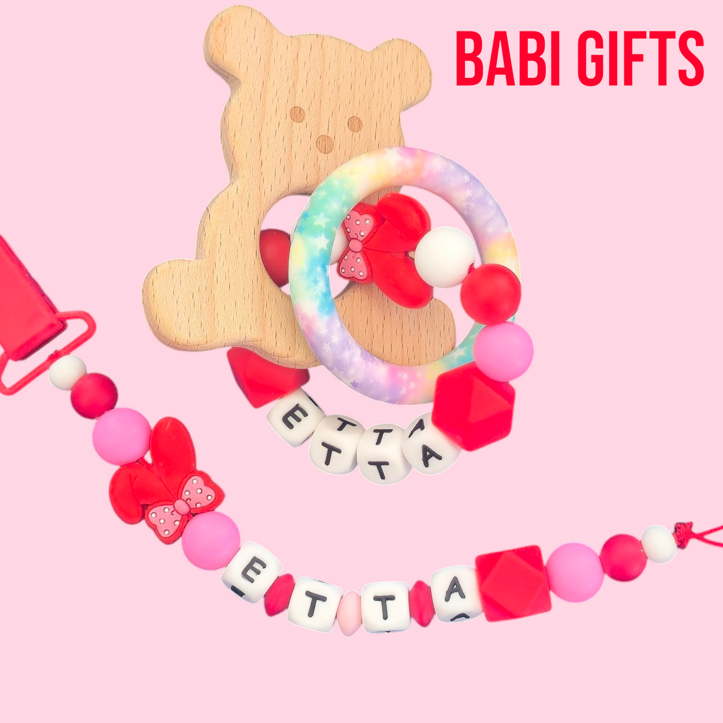 Red & Pink Bunny Ear Dummy Clip & Teether – Cute Baby Gift