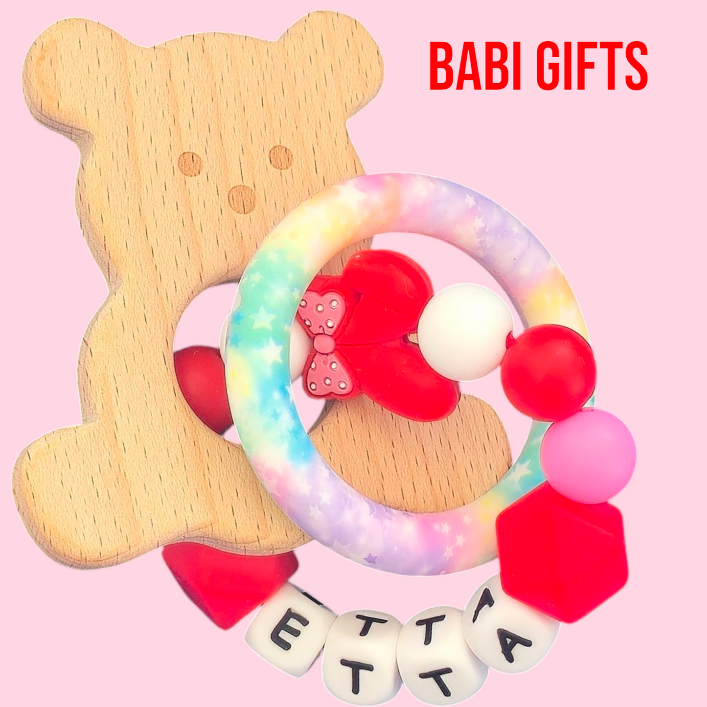 Red & Pink Bunny Ear Dummy Clip & Teether – Cute Baby Gift