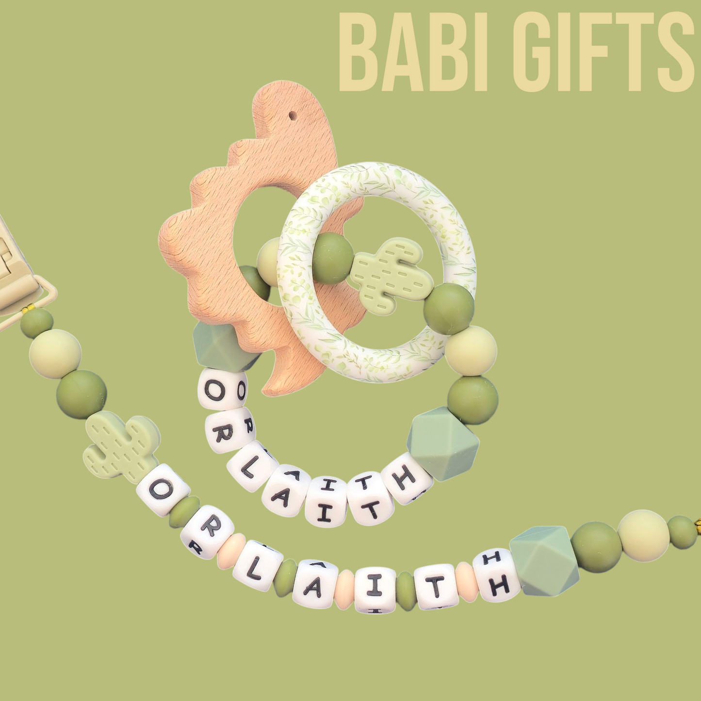 Sage Green Cactus Dummy Clip & Teether Set – Personalised