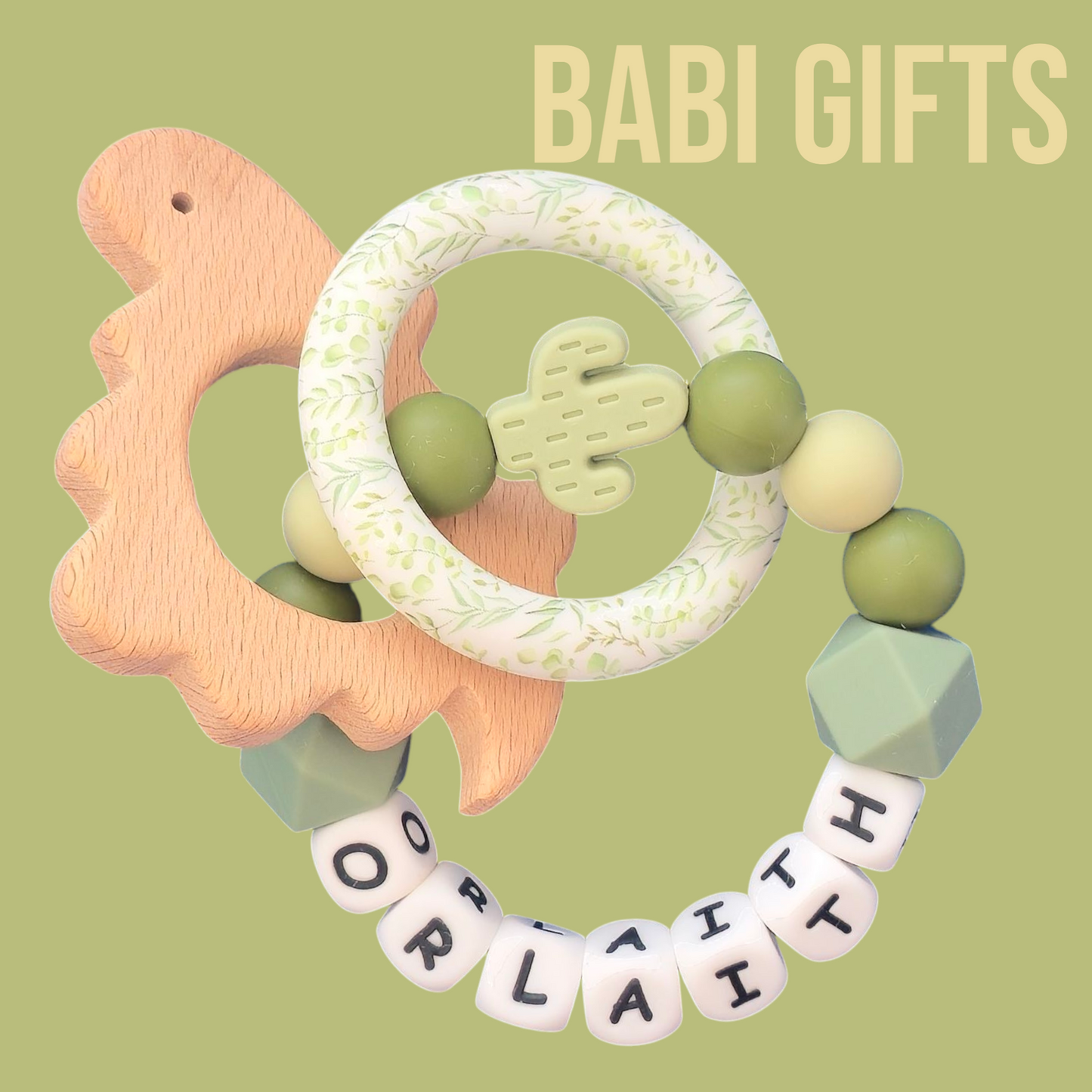 Sage Green Cactus Dummy Clip & Teether Set – Personalised