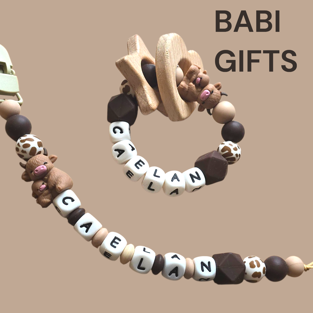 Mother & Baby Highland Cow Dummy Clip and Teether Set – Personalised Gift