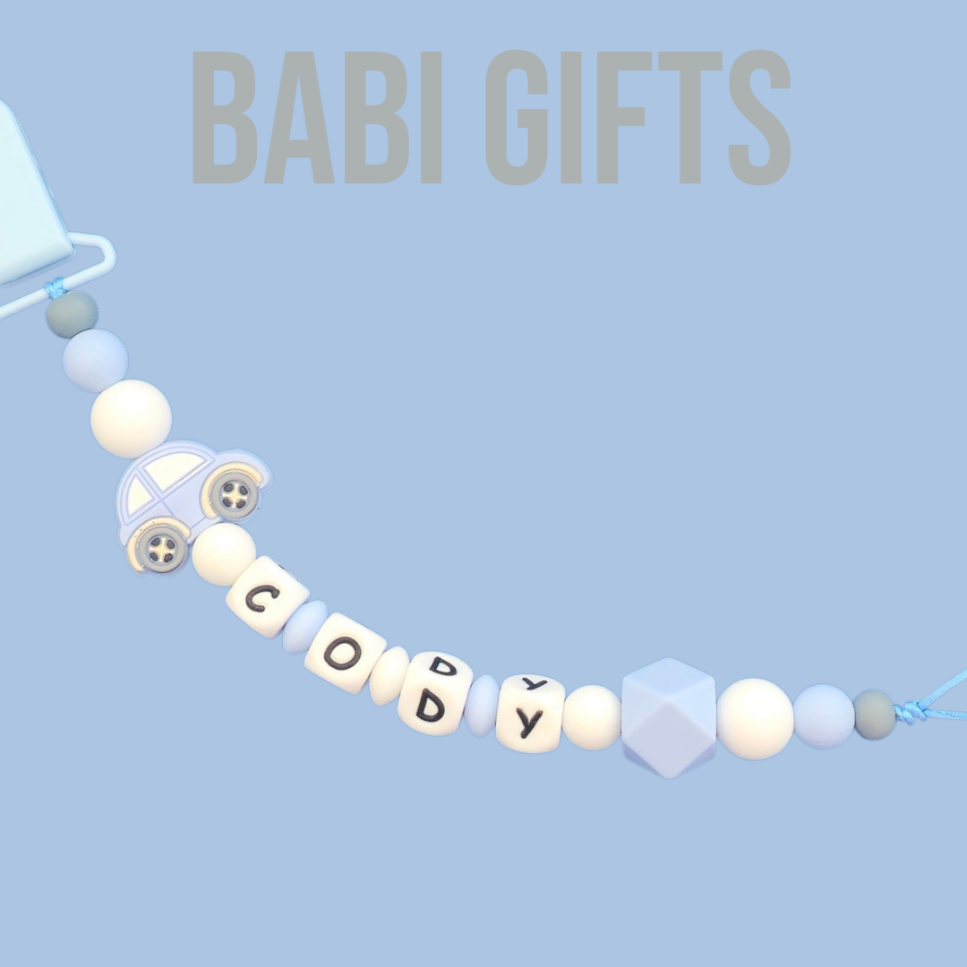 Blue Car Dummy Clip & Elephant Teether – Baby Boy Gift