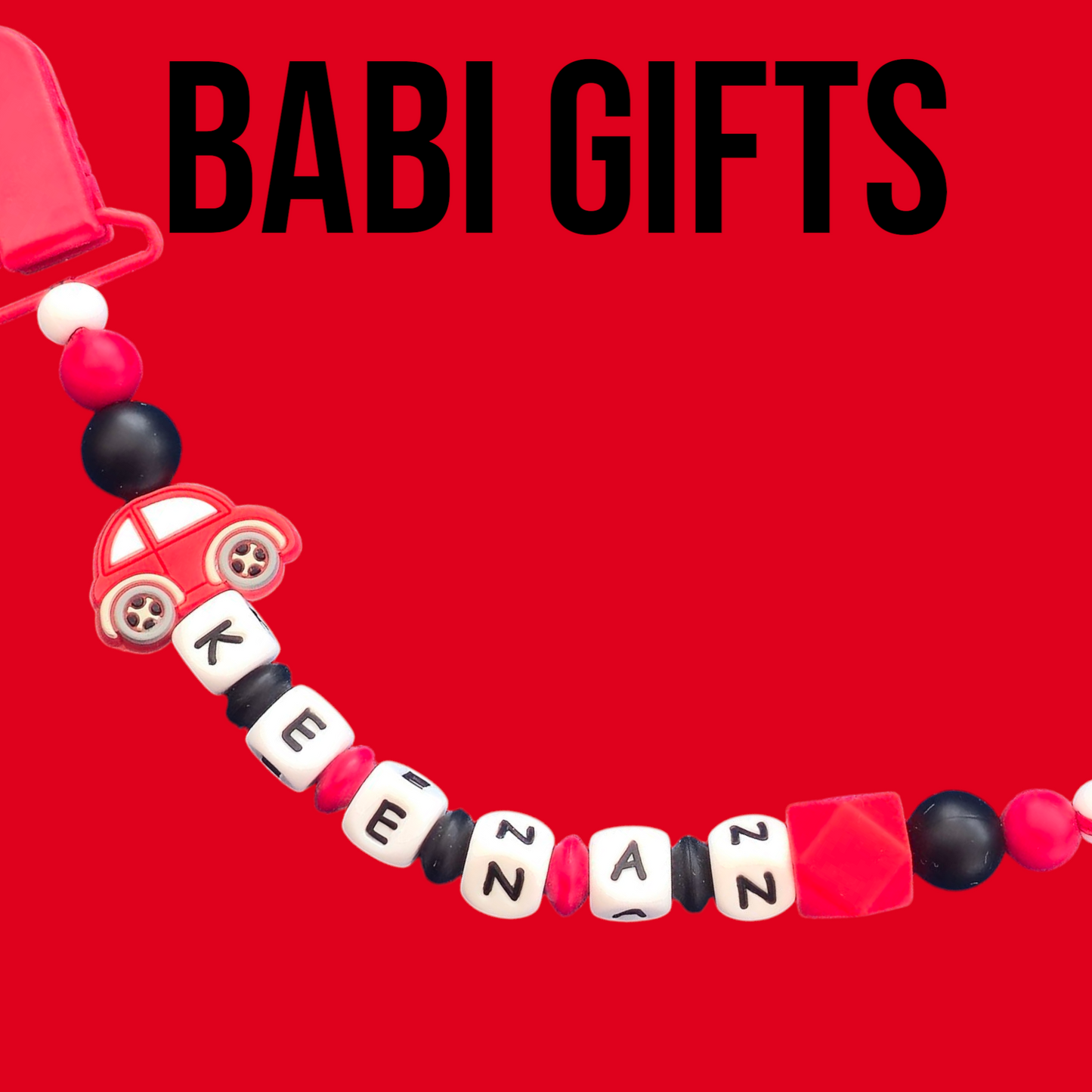 Red Car Dummy Clip & Rattle Set – Personalised Baby Gift