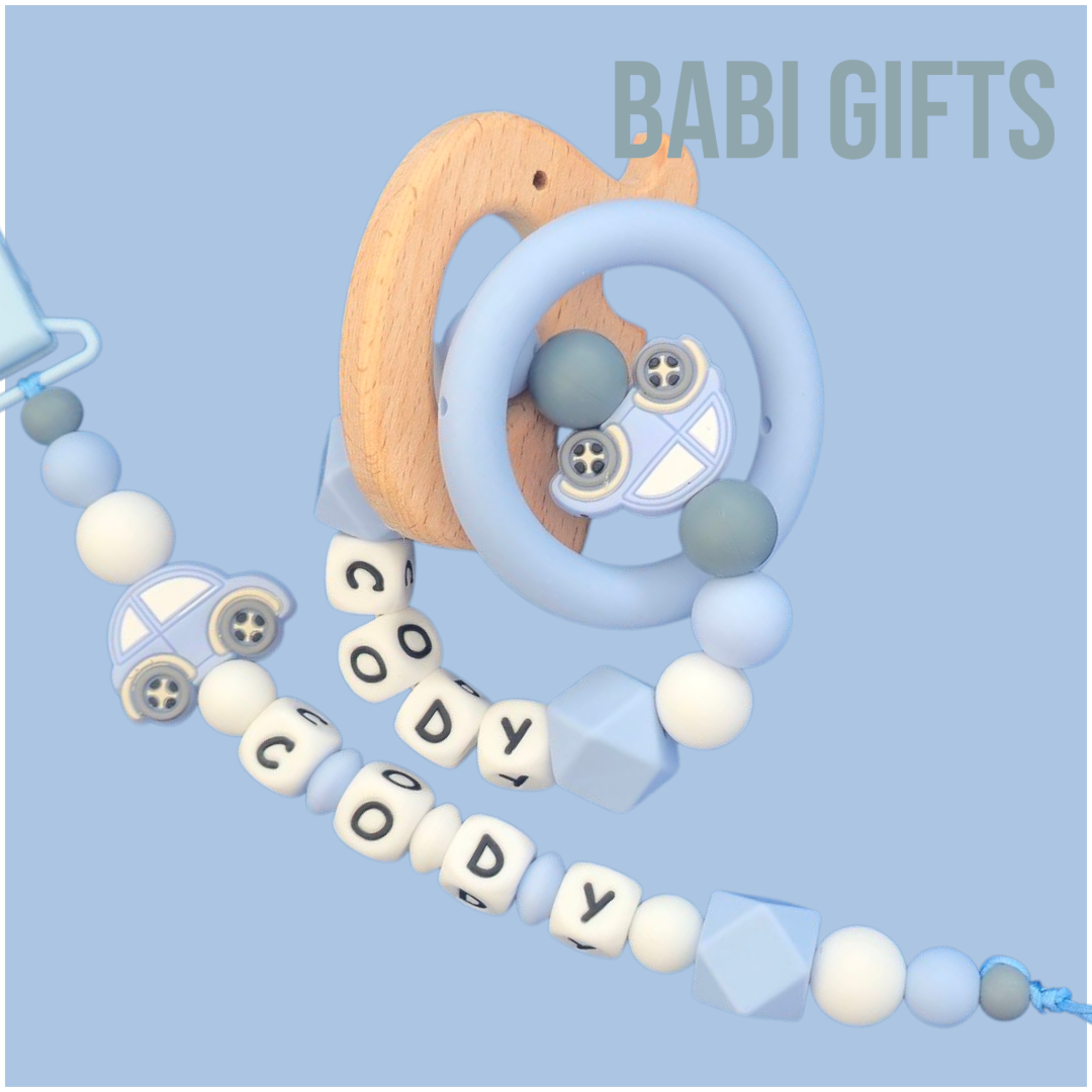 Blue Car Dummy Clip & Elephant Teether – Baby Boy Gift