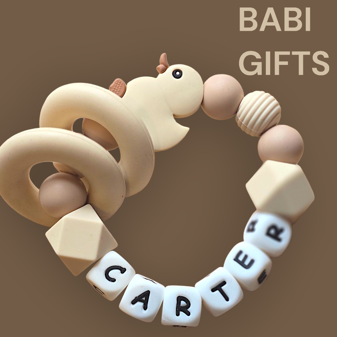 Duck Dummy Clip and Teether Set – Natural Beige Personalised Baby Gift