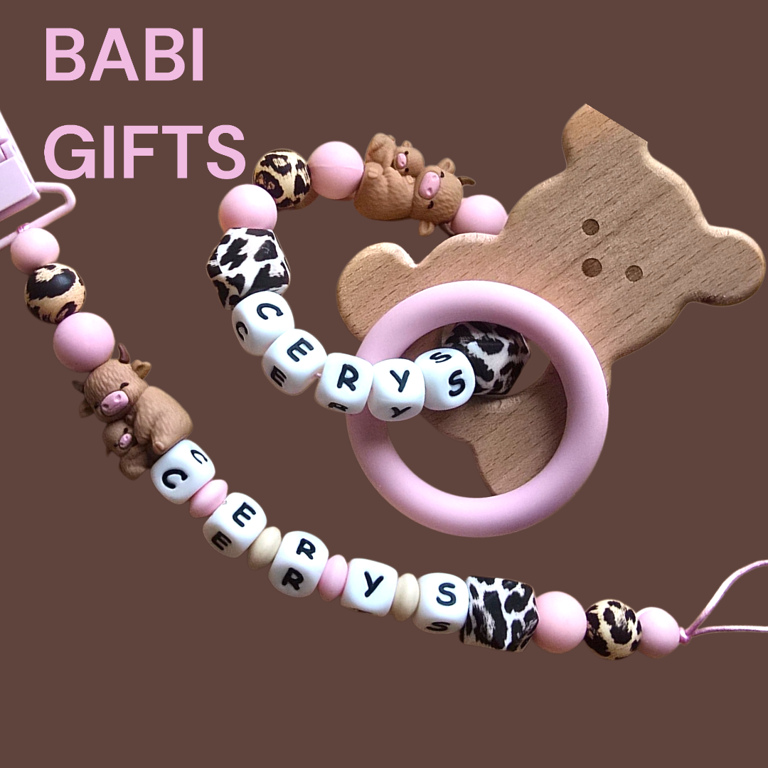 Pink Highland Cow Dummy Clip and Teether Set – Animal Print Baby Gift