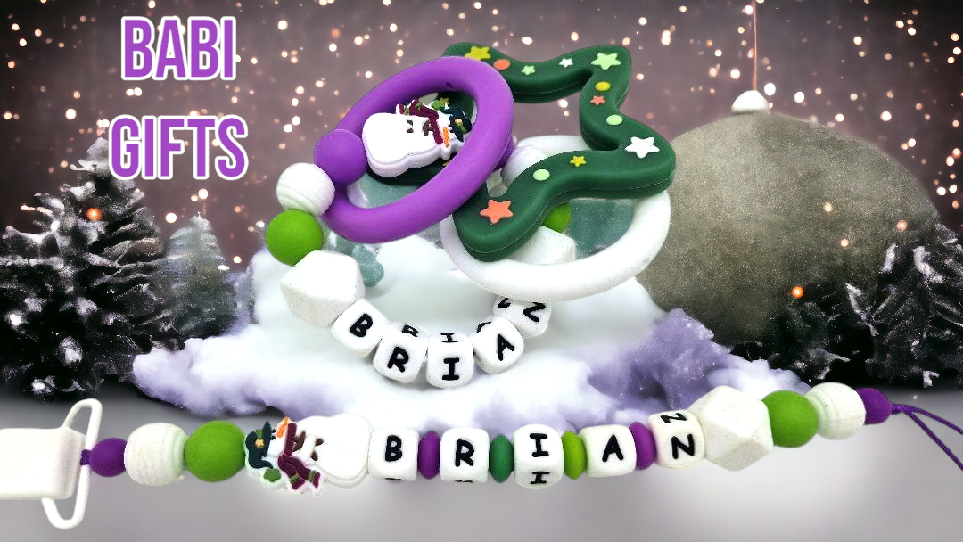 Premium Snowman Dummy Clip and Christmas Tree Teether Set – Personalised Gift