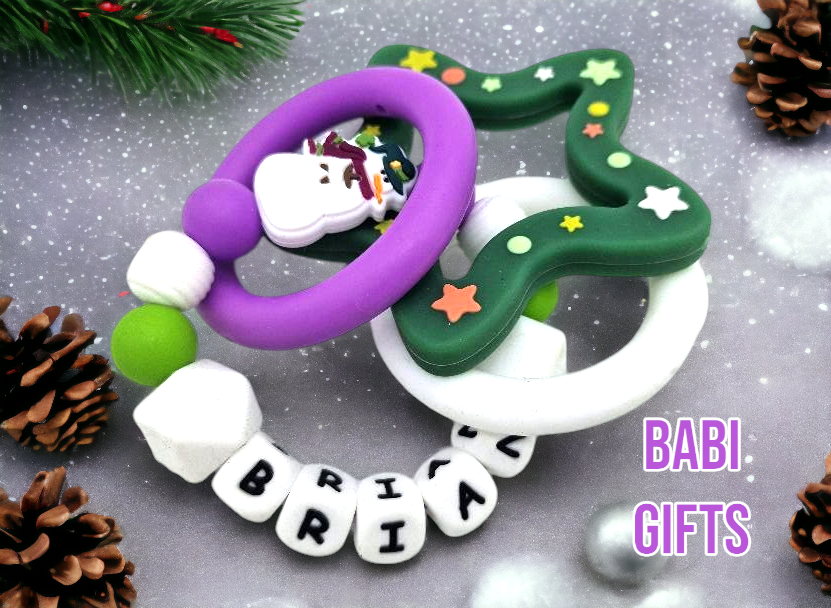 Premium Snowman Dummy Clip and Christmas Tree Teether Set – Personalised Gift