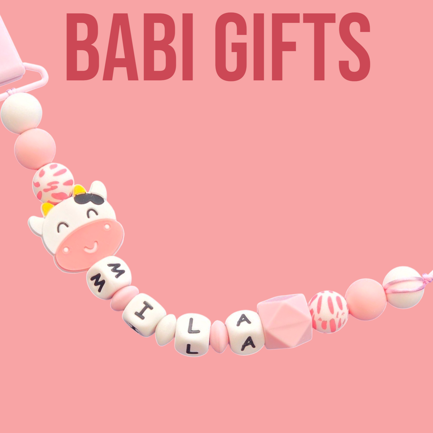 Pink Cow Dummy Clip & Teether Set – Baby Girl Gift