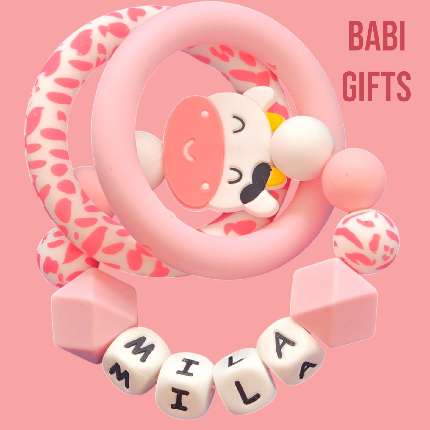 Pink Cow Dummy Clip & Teether Set – Baby Girl Gift