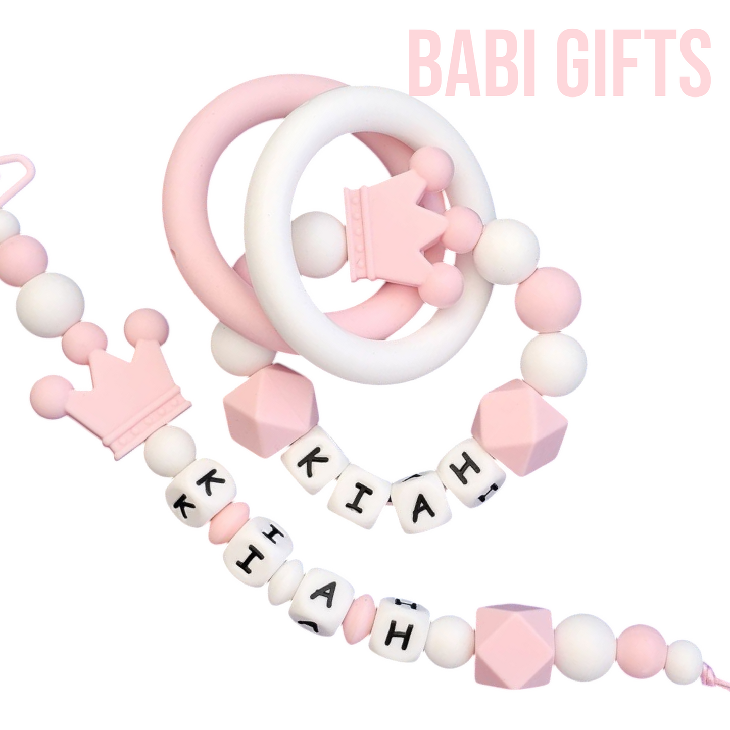 Pink Crown Dummy Clip – Personalised Baby Girl Gift