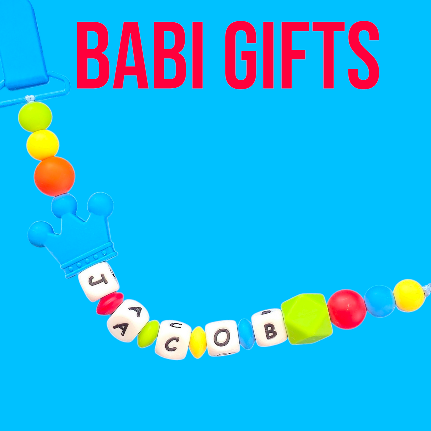 🌈 Bright Rainbow Crown Dummy Clip & Teether Set – Personalised Baby Gift