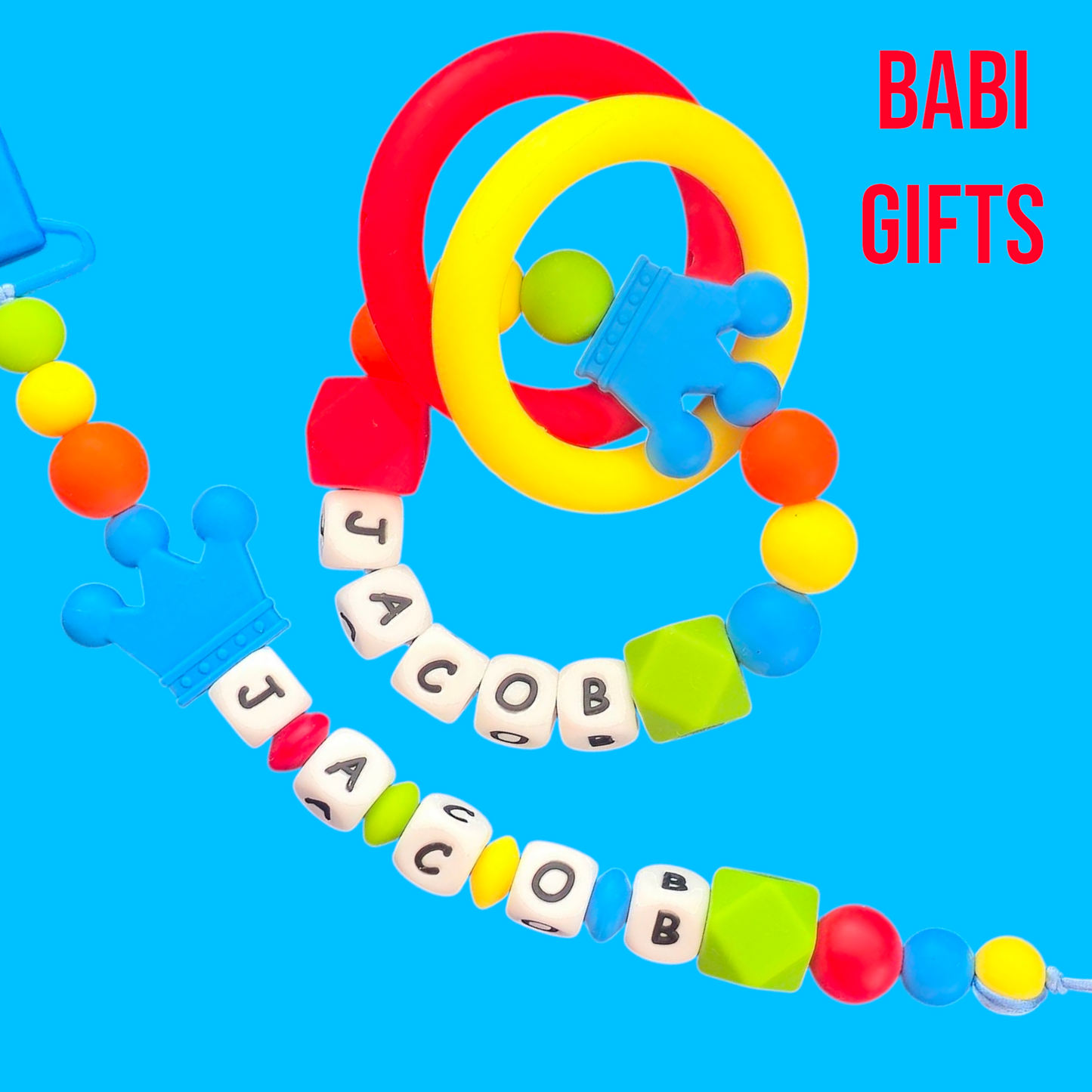 🌈 Bright Rainbow Crown Dummy Clip & Teether Set – Personalised Baby Gift