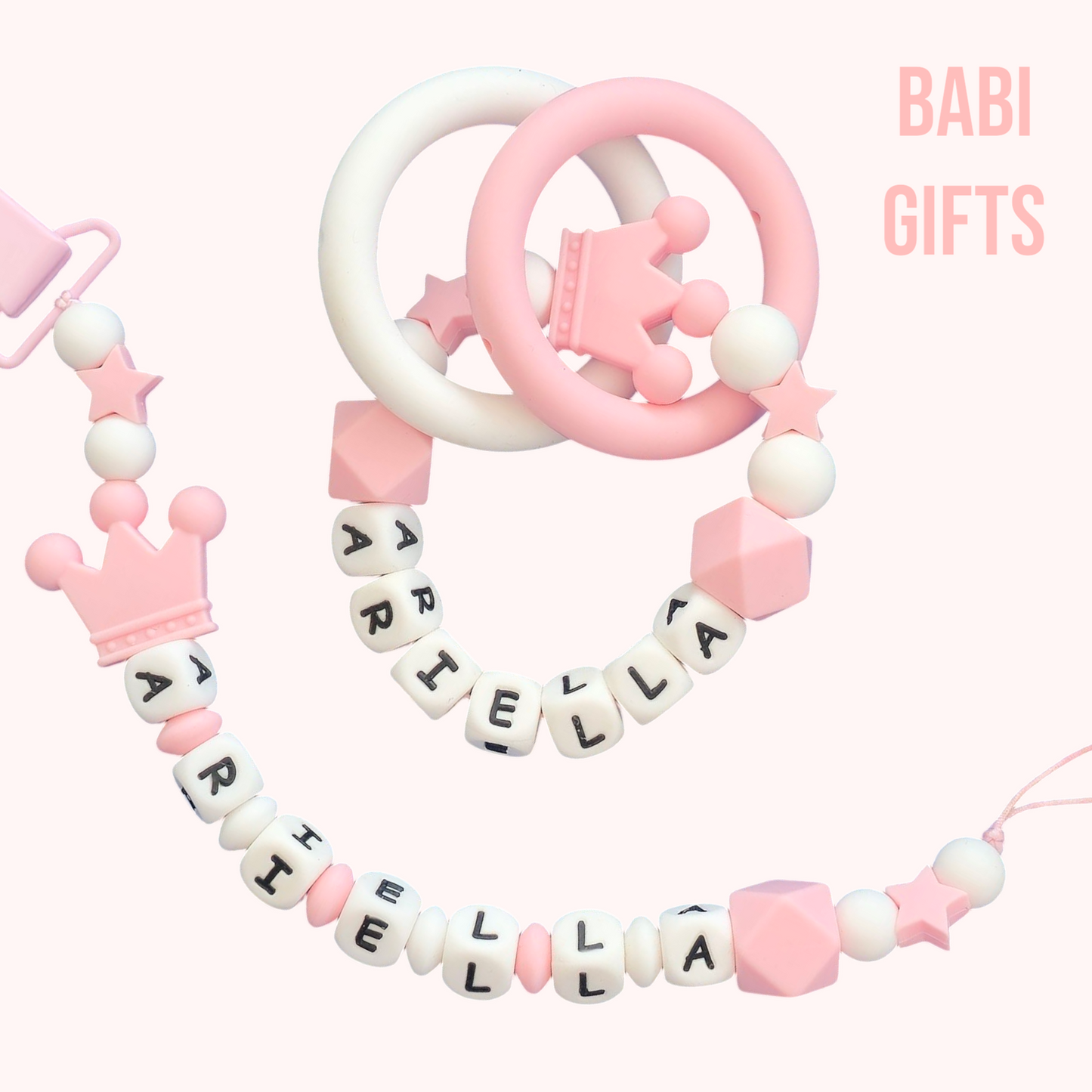 Pink Crown & Stars Dummy Clip Set – Princess Baby Gift
