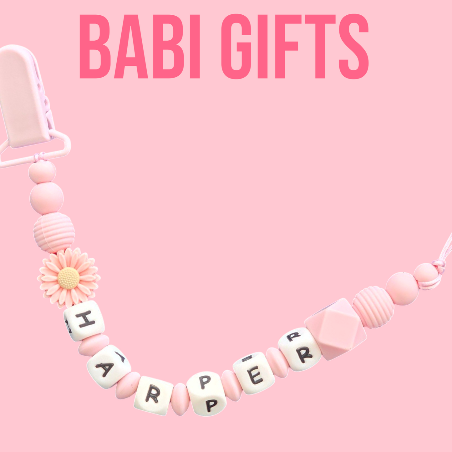 Pink Daisy Dummy Clip & Teether – Pastel Floral Gift | Babi Gifts