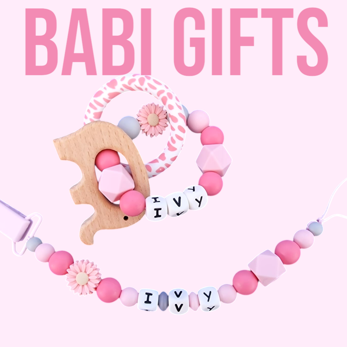 Pink Elephant & Daisy Dummy Clip – Personalised Teether