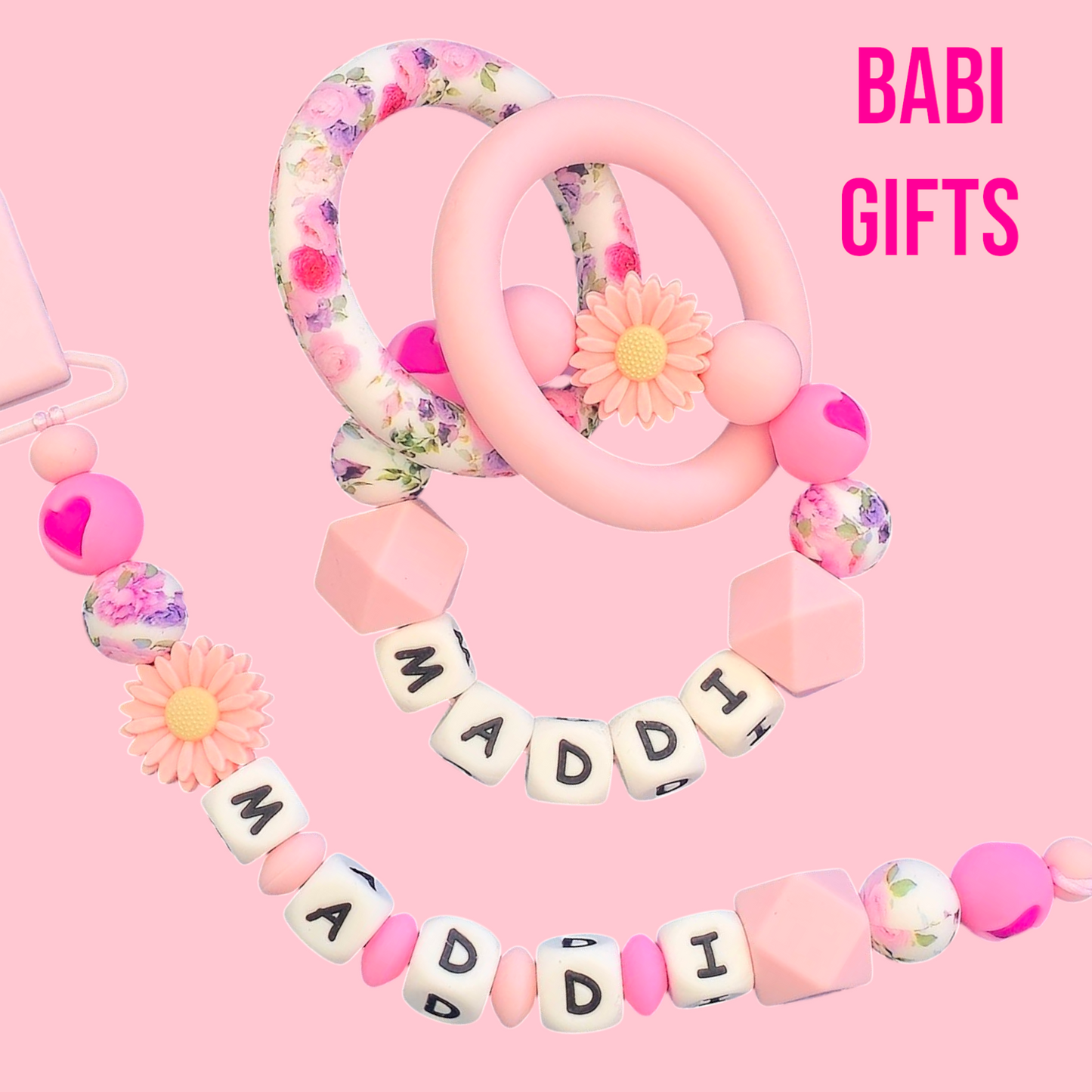 Pink Daisy Dummy Clip & Teether – Hot Pink Heart | Babi Gifts