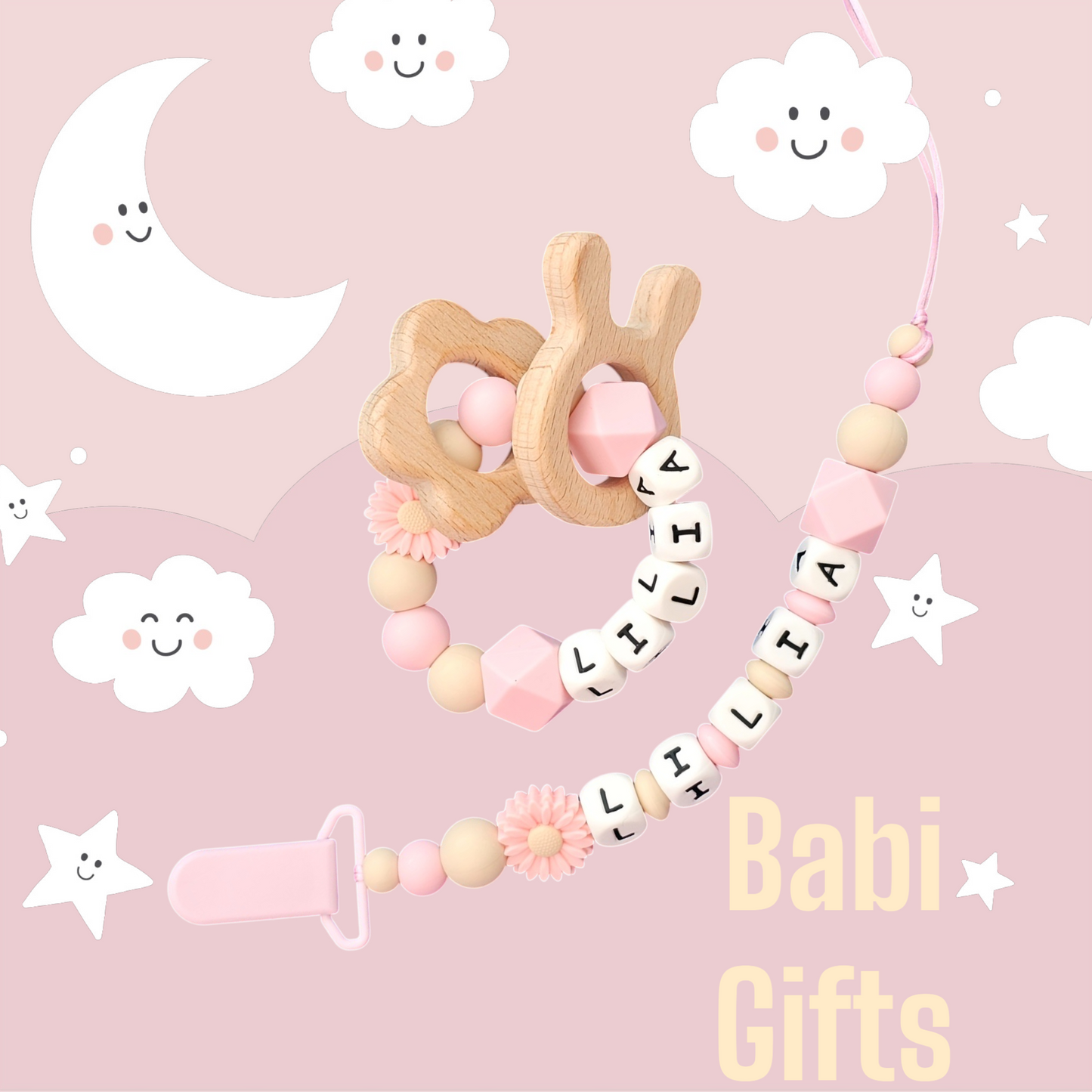 Pink Daisy Dummy Clip & Teether Set – Personalised