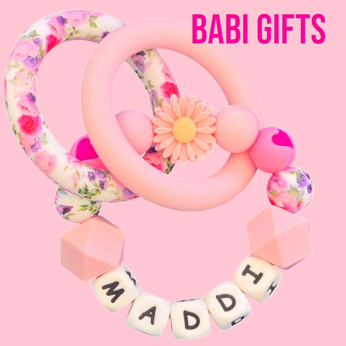 Pink Daisy Dummy Clip & Teether – Hot Pink Heart | Babi Gifts