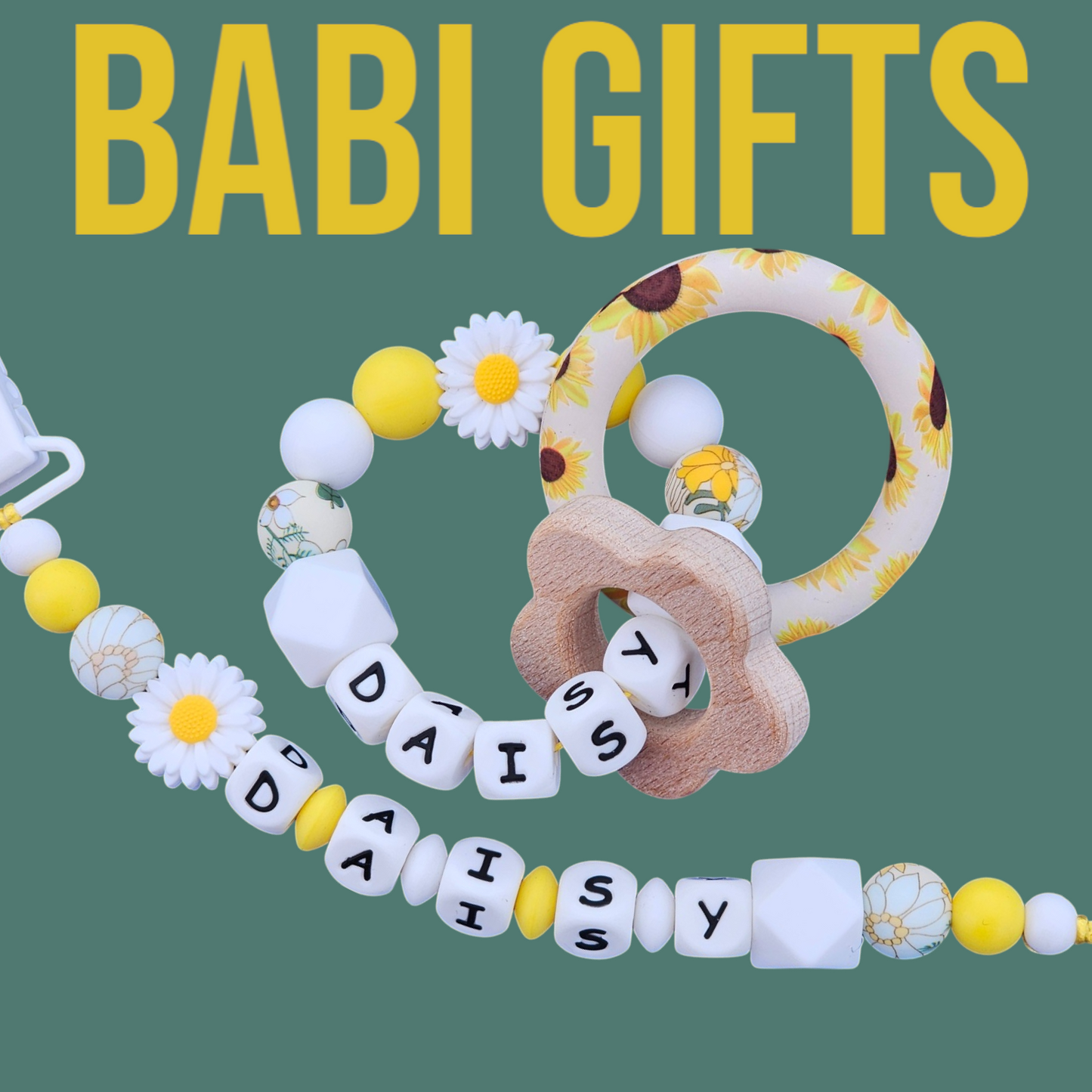 White Daisy Dummy Clip & Teether – Personalised Neutral Gift