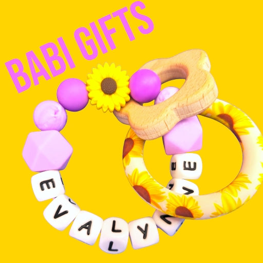 Yellow Daisy & Lilac Dummy Clip & Teether Set – Personalised