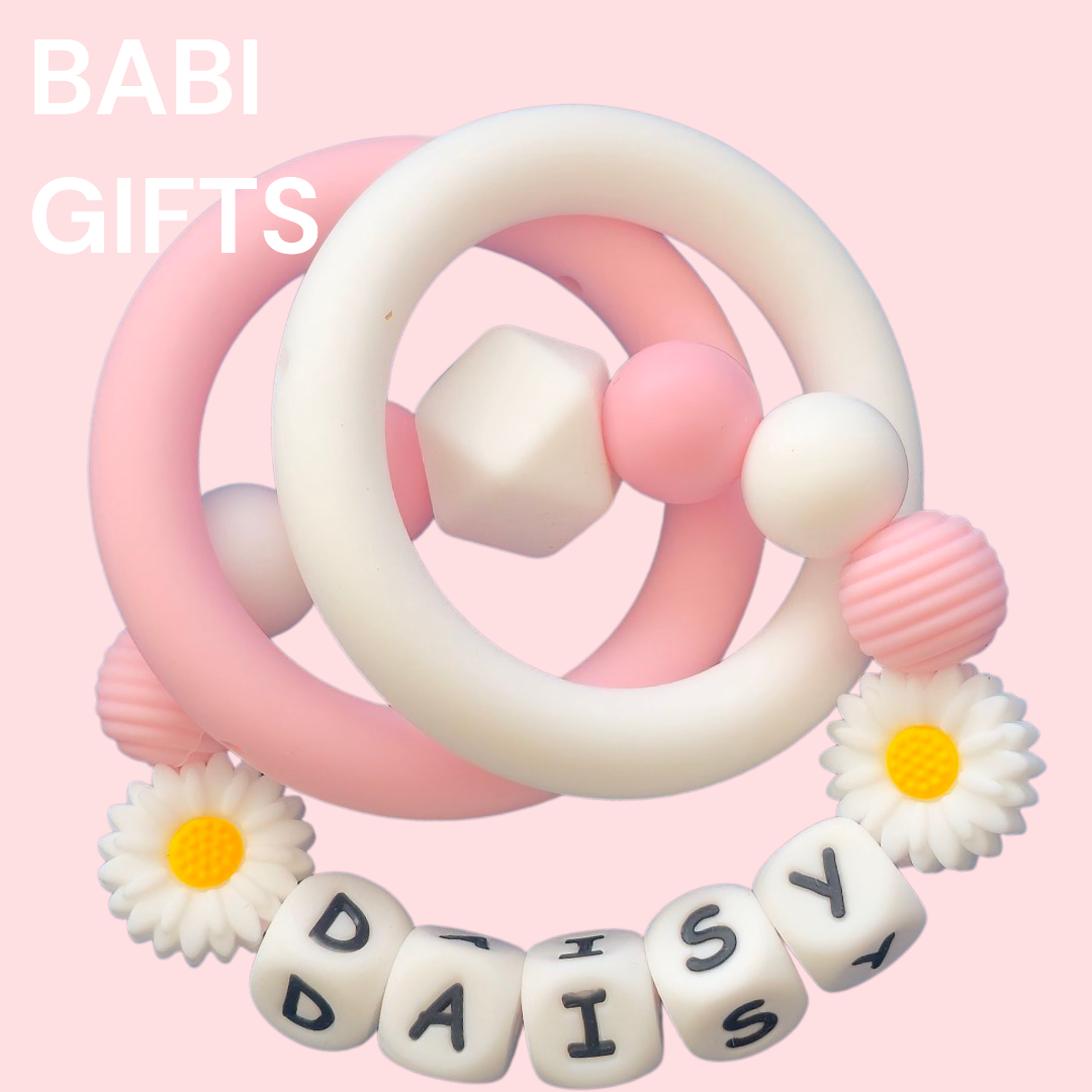 Pink Daisy Dummy Clip and Teether Set – Personalised Baby Gift