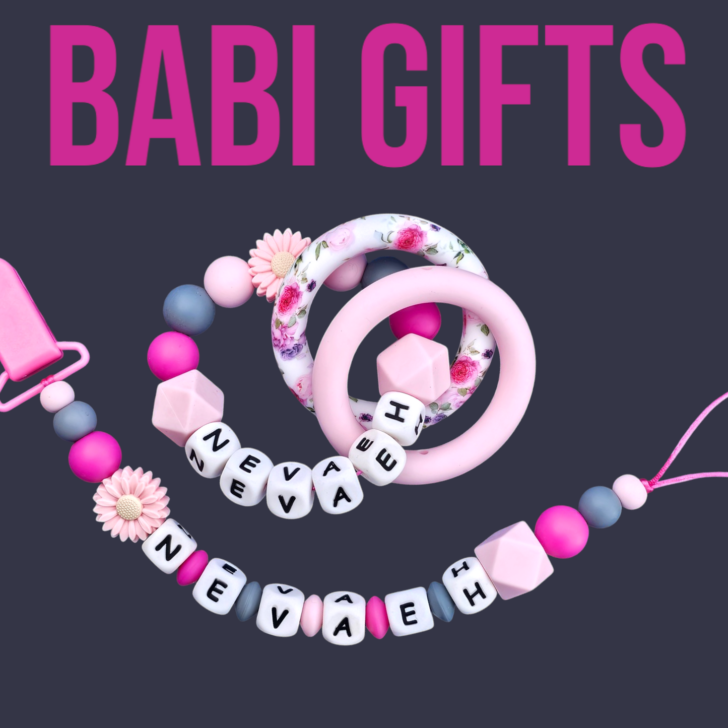 Pink Daisy Rose Ring Dummy Clip & Teether Set – Personalised