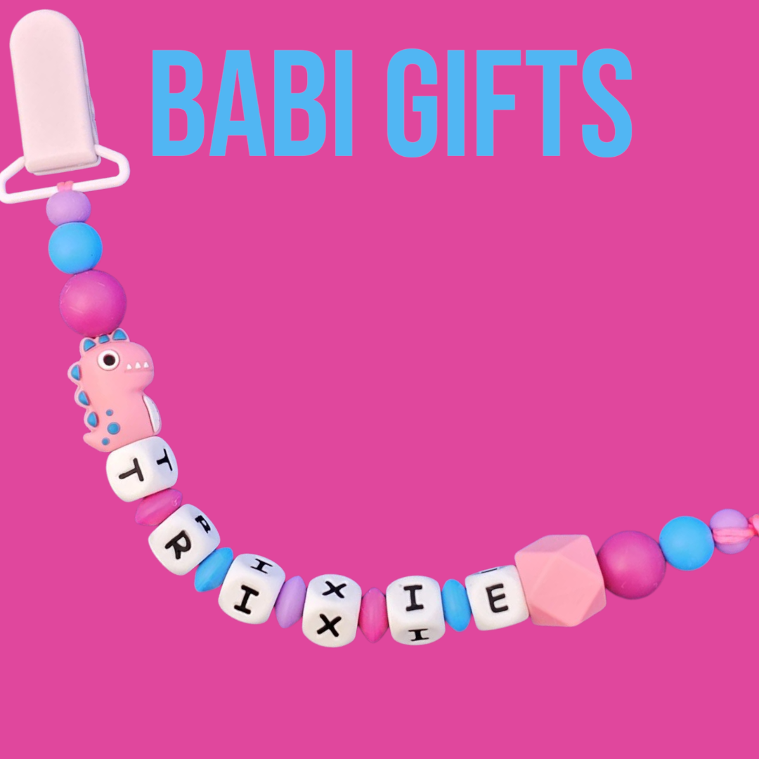 Pink Dinosaur Dummy Clip & Teether Set – Personalised