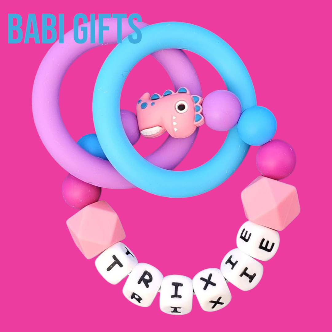 Pink Dinosaur Dummy Clip & Teether Set – Personalised