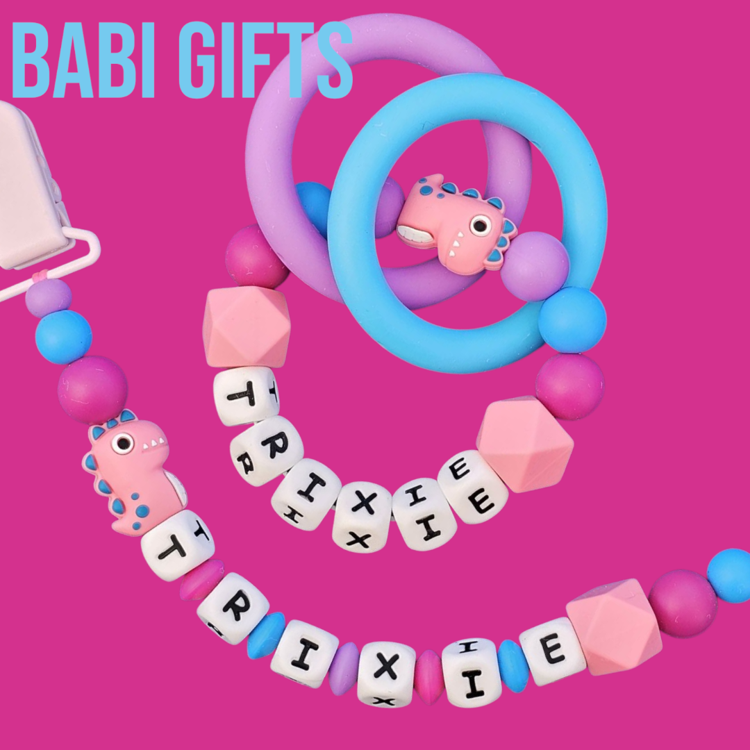Pink Dinosaur Dummy Clip & Teether Set – Personalised
