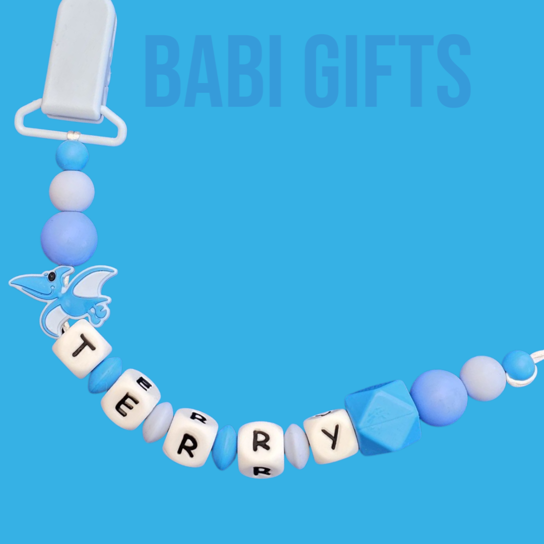 Blue Pterodactyl Dummy Clip & Teether – Personalised