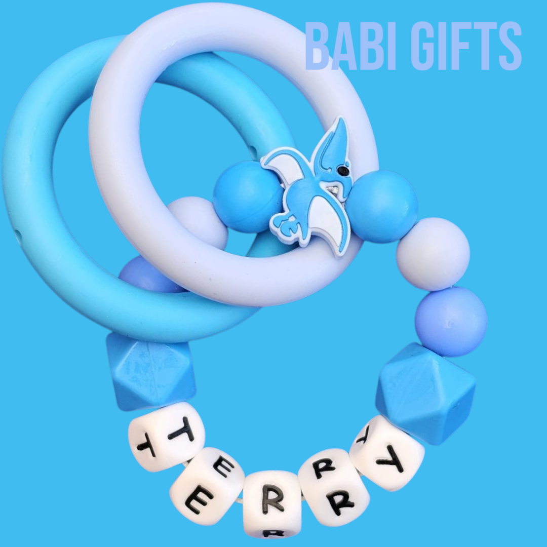 Blue Pterodactyl Dummy Clip & Teether – Personalised
