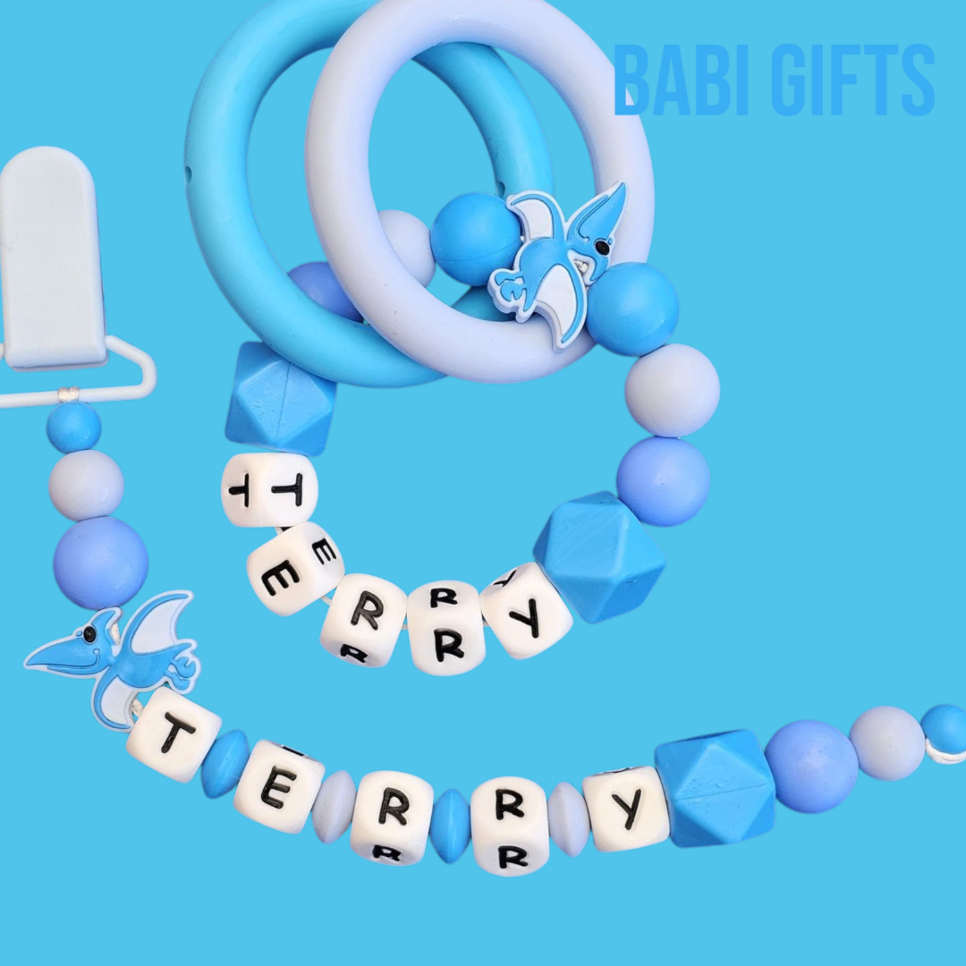 Blue Pterodactyl Dummy Clip & Teether – Personalised