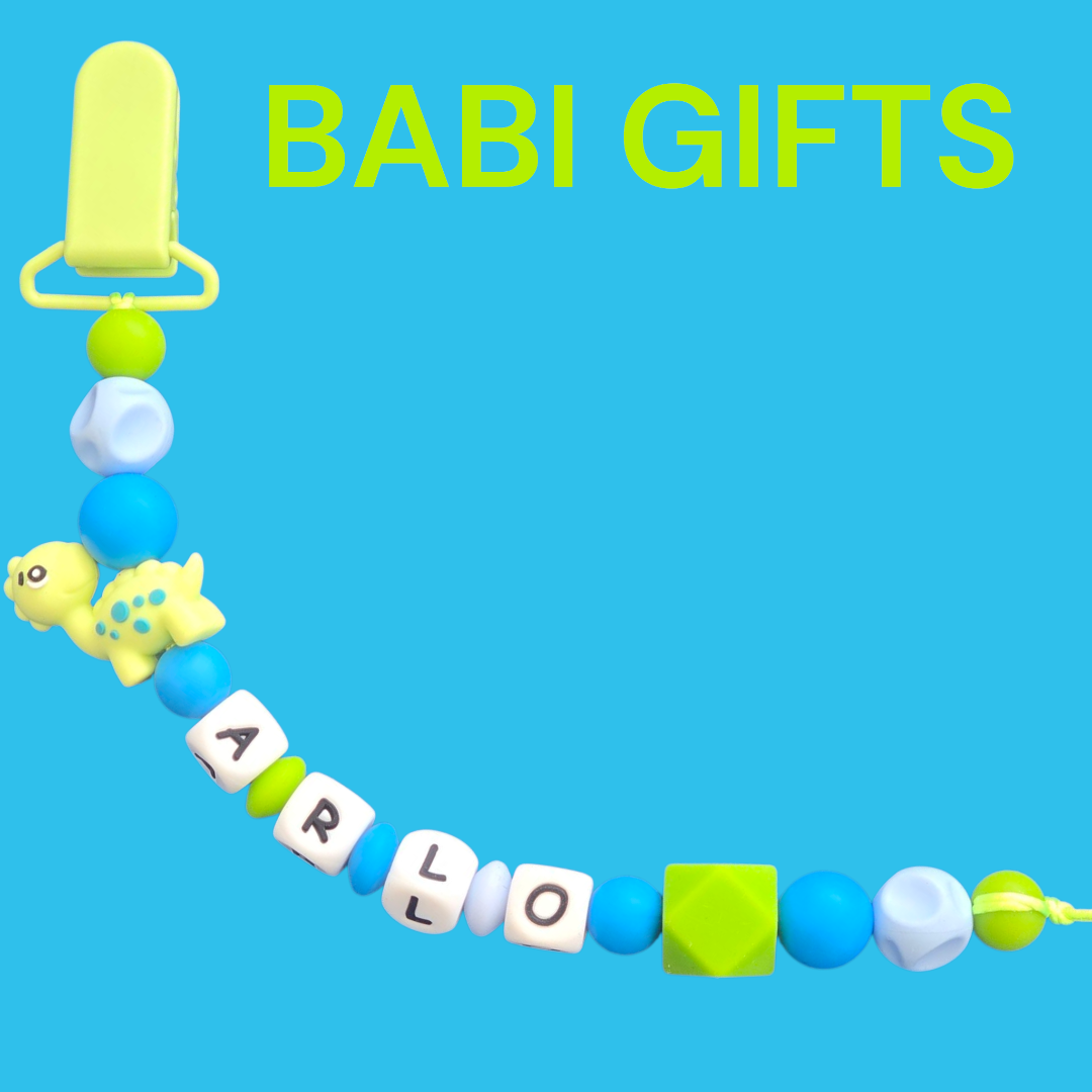 Blue Dinosaur Dummy Clip and Teether Set – Personalised Baby Gift