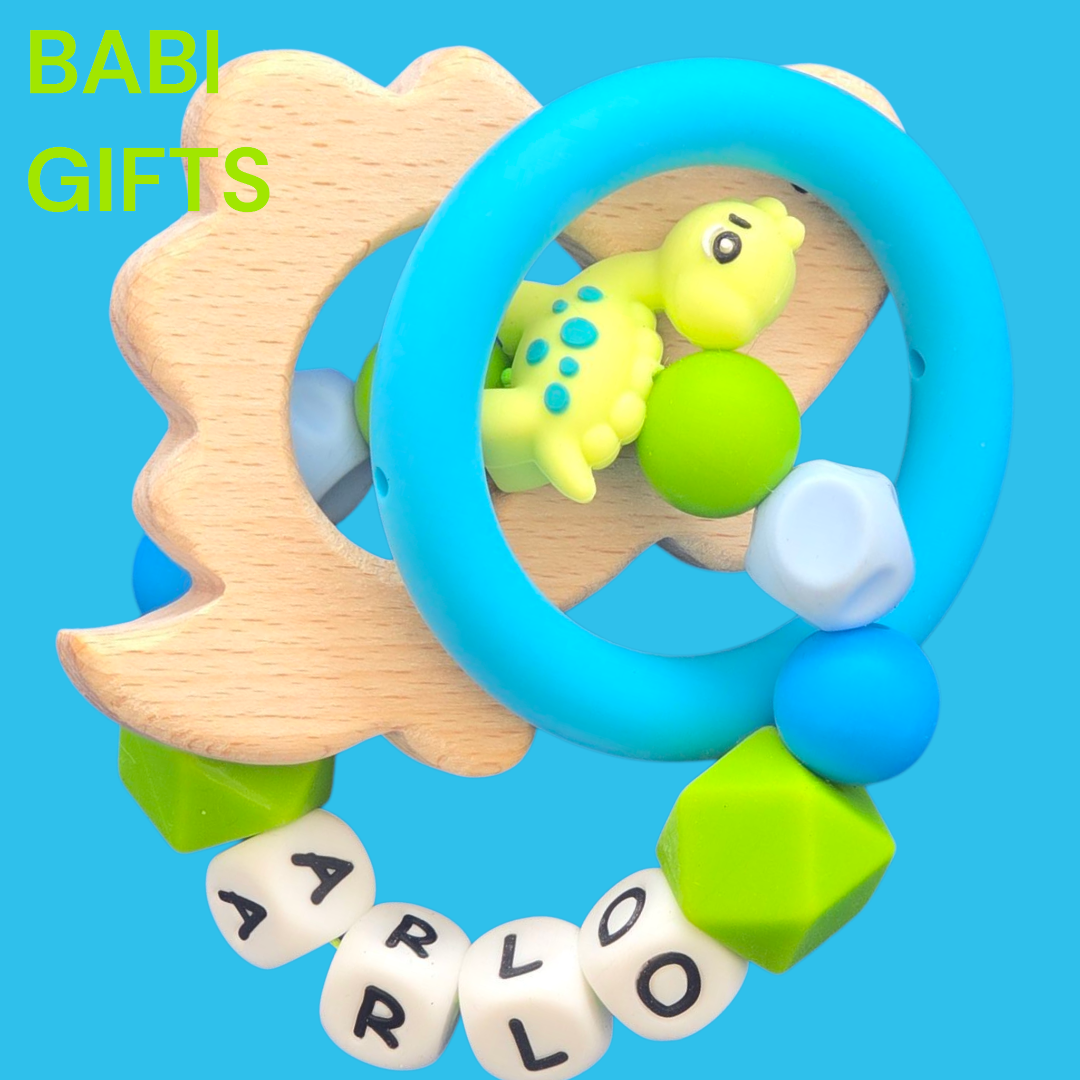 Blue Dinosaur Dummy Clip and Teether Set – Personalised Baby Gift