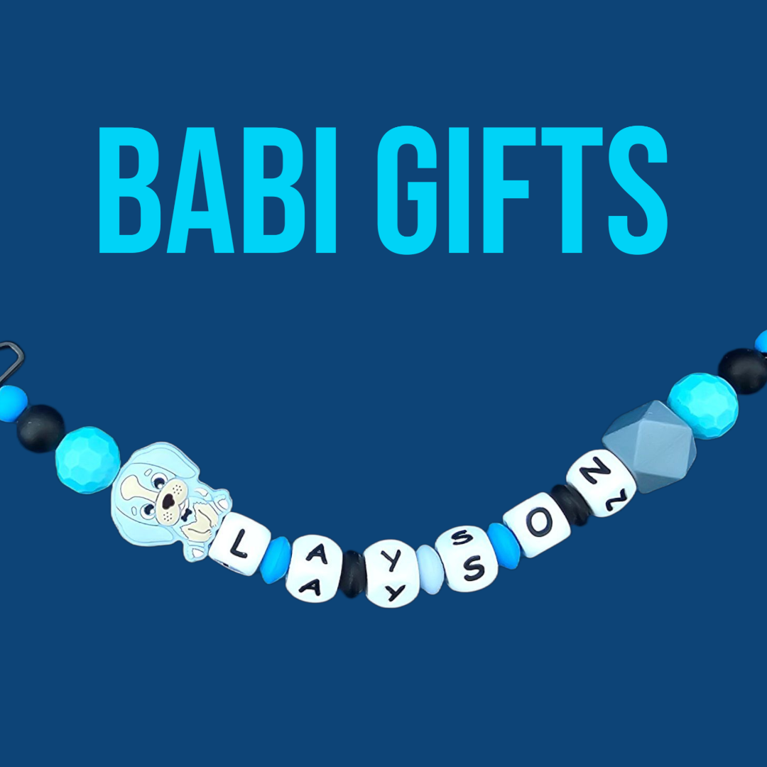 Blue Dog & Elephant Dummy Clip – Personalised Teether Set