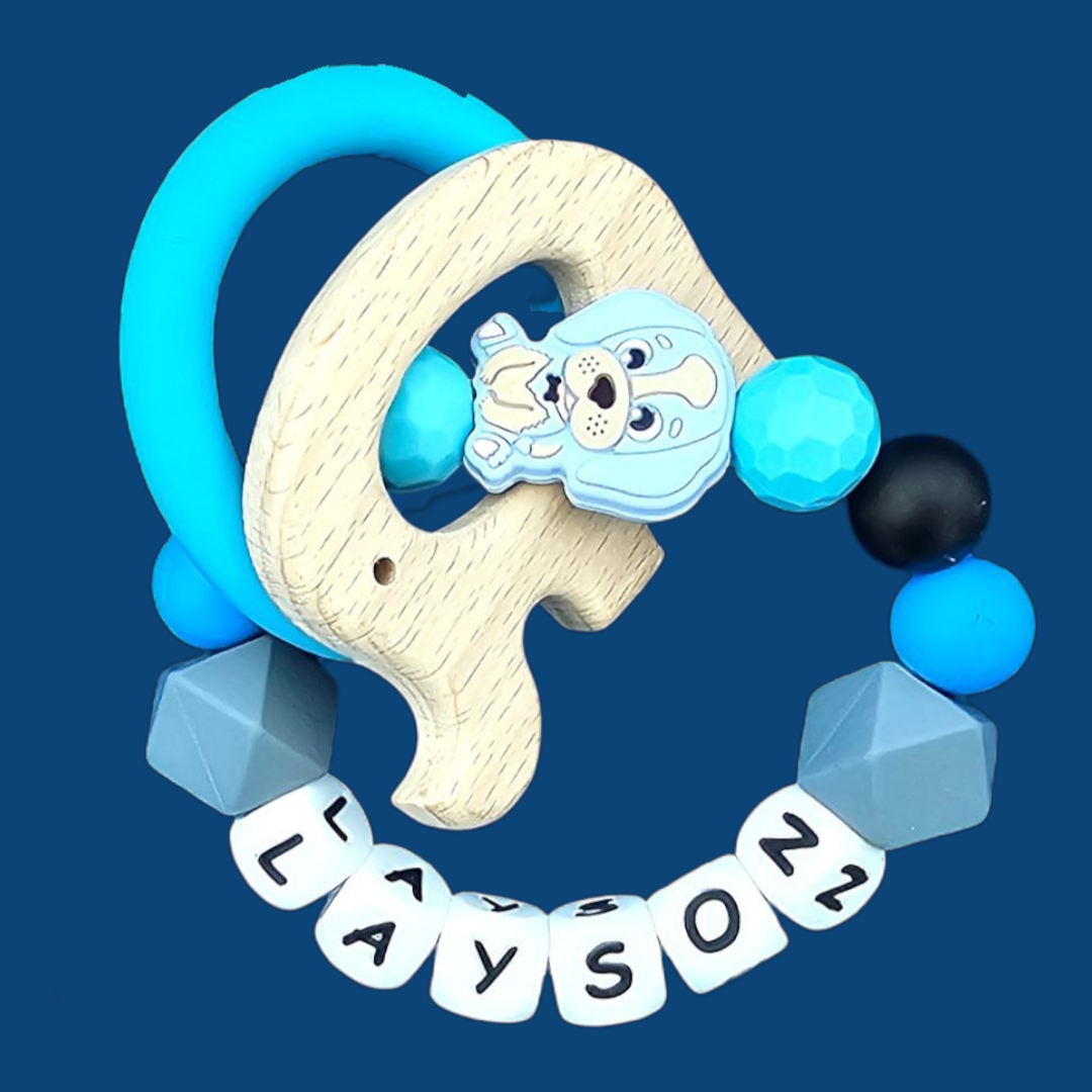 Blue Dog & Elephant Dummy Clip – Personalised Teether Set